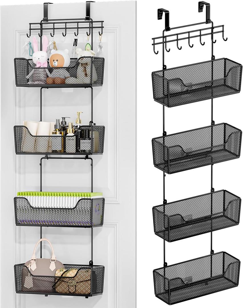 HapiRm Over The Door Organizer - Hanging Door Organizer with 4 Metal Large Capacity Baskets and Adjustable Coat Hook for Bathroom Bedroom Kitchen Pantry Closet Cabinet (Black)