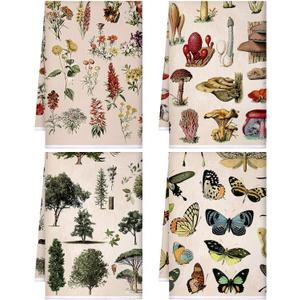 Kajaia 4 Pcs Mushroom Kitchen Towels Vintage Cottage Core Towels Butterfly Plants Wildflower Cottagecore Decor Tea Hand Absorbent Dishcloths 16 x 24 Inch for Home Bathroom Housewarming Gift(Mushroom)