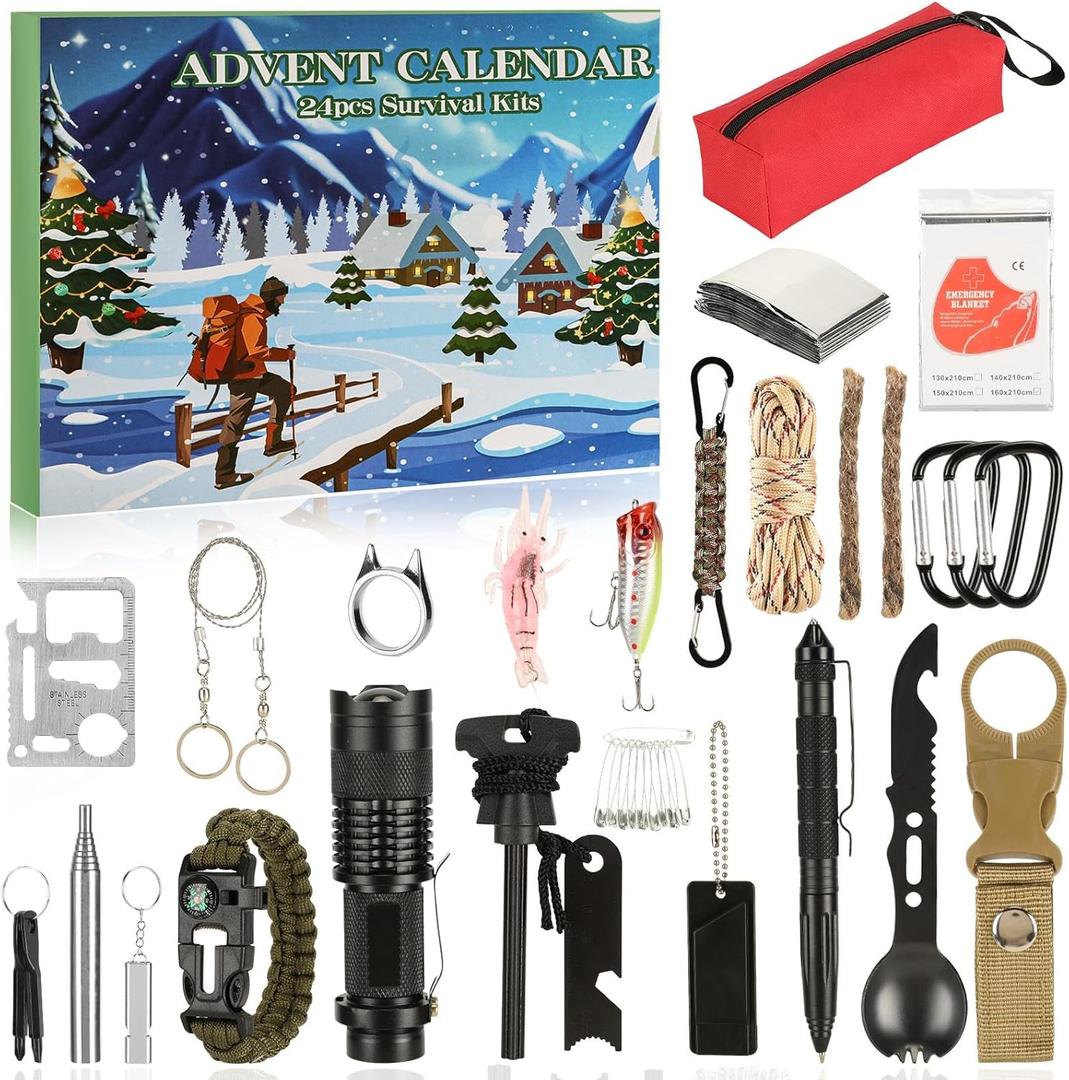 Survival Kit Advent Calendar 2025, 24 Days Christmas Countdown Calendar for Adult Men Teen, Household Hand Tool Kit for Outdoor Camping, Fishing, Adventure