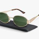 livho Retro Polarized Sunglasses - UV400 Protection, Oval Shape, Metal Frames - Matching Soft Case Included, Green/Gold