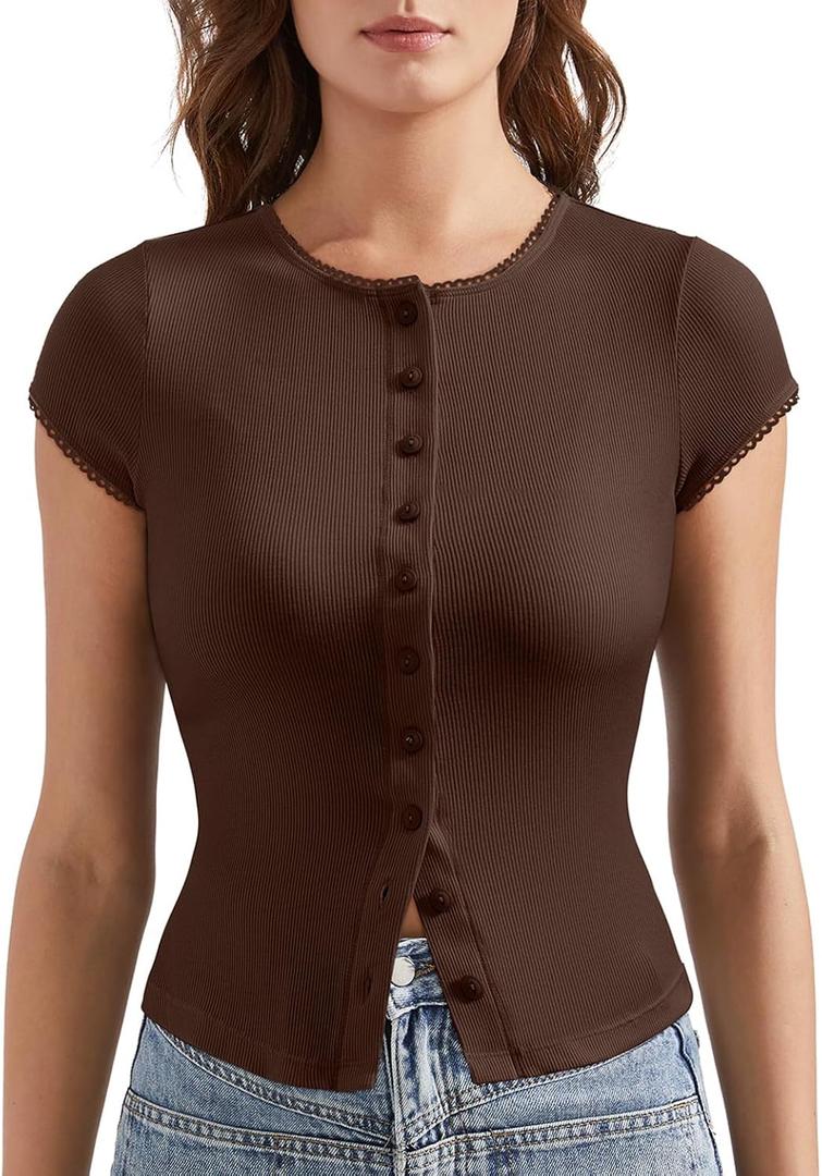 OMKAGI Women Button Down Ribbed Short Sleeve Shirts Fitted Knit Cropped Cardigan Sweaters (Large, 13-dark Brown)