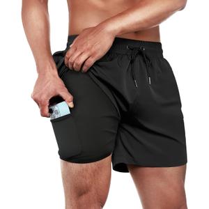 BRISIRA Mens Swim Trunks Swim Shorts Quick Dry 5 inch Inseam Beach Shorts with Compression Liner and Zipper Pocket (34, Black)