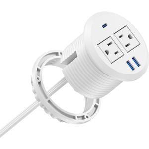Jgstkcity 2-in-1 Desktop Power Grommet with USB-C Output, 125V, 12A, 2 AC Outlets, 3 USB Charging Ports, White
