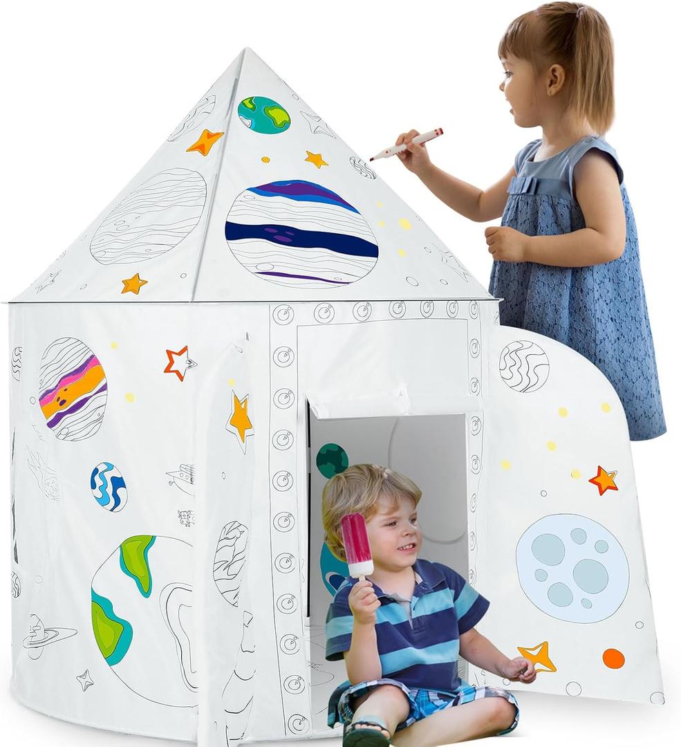 Rocket Ship Kids Tent Fun Rocket Ship Playhouse for Kids DIY Coloring Space Themed Pop Up Foldable Space Play Tent for Boys Girls Indoor Outdoor