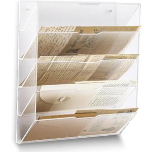 Chunful 5 Tier Mail Sorter Letter Wall Holder Clear Acrylic Wall Mounted Mail Organizer Hanging File Envelope Pocket Plastic Mount Document Holder for Home Office Entryway