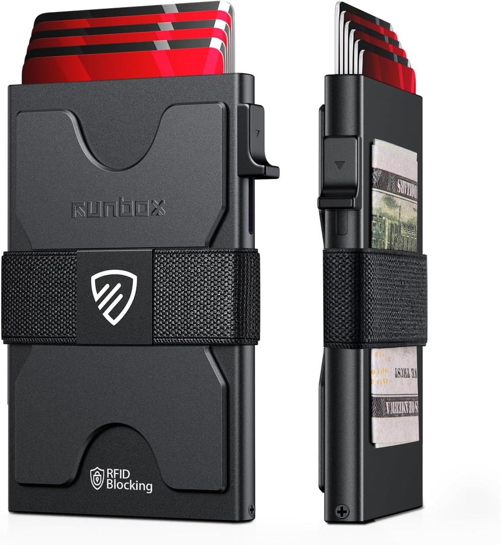 RUNBOX Slim Card Holder Wallet for Men, Minimalist RFID Blocking Wallet with Pop-Up Function, Ultra-Thin Design, Metal Business Card Cases holds 6+6 Cards, Gifts for Men, Men's Accessories (A Matte Black)