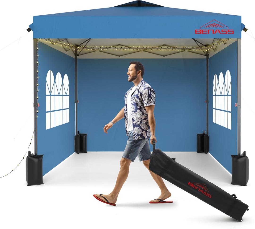 10x10 Pop Up Canopy with Sidewalls, Easy Up Canopy Tent, Heavy Duty Tents for Parties, One Person Set Up Event Tent, Light Blue