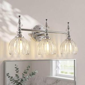 3-Light Polished Chrome Bathroom Vanity Light, Wall Sconce
Ribbed Tulip Glass, Crystal Accent, Damp Rated, Ceramic E12 Sockets, Up/Down Mounting, Dimmable