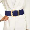 WHIPPY Women Wide Elastic Waist Belt for Dresses Fashion Gold Buckle Stretchy Leather Waistband for Ladies (Fits Waist Size 28"-33", 8-navy Blue)