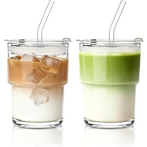 INSETLAN 13oz Portable Glass Tumblers Set of 2, Thick Wall Glass Cups with Lid and Glass Straw, On-the-Go Coffee Cups for Iced Coffee, Tea, Milk, Hot & Cold Drinks, Travel & Daily Use