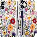 Compatible for iPhone 16 Plus Case Cute with Card Holder Shockproof Slim Slot Phone Wallet Cover for Women/Watercolor Summer Blooming Floral Flower Meadow Natural