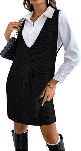 MakeMeChic Women's Casual Sweater Dress V Neck Sleeveless Knit Short Sweater Dresses with Pocket Black, Large