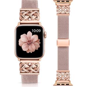 Minyee Magnetic Stretchy Band Compatible with Apple Watch Bands 38/40/41/42/44/45/46/49mm Women Men, Celtic Knot Soft Elastic Nylon Fabric Strap for iWatch Series 11 10 9 8 7 6 5 4 SE/Ultra 3 2 1 (Pink Grey/Rose Gold)