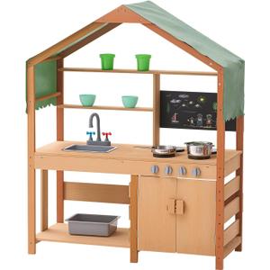 VEVOR Mud Kitchen for Kids Outdoor, Wooden Mud Kitchen Set with Canopy, Mud Kitchen for Kids Outdoor Backyard with Stoves, Planter Boxes, 2 Sink, Faucet, Blackboard, Cookware Pot, 40‘’ x 16‘’ x 50‘’