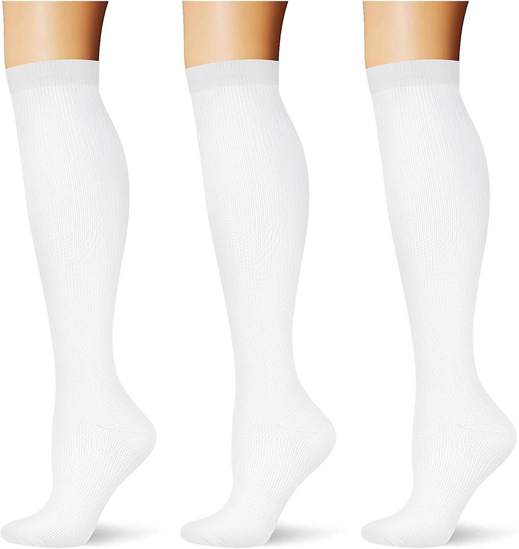 (3 pairs) Compression Socks 20-30 mmHg Long Knee High Socks for Women Men Support Athletic Travel Daily Wear (White)