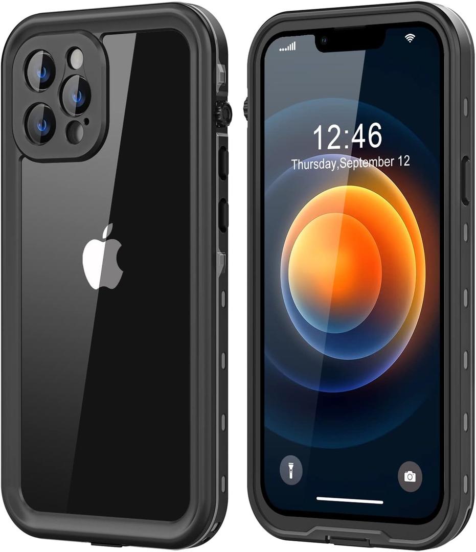 for iPhone 12 Pro Max Waterproof Case with Built-in Screen Protector, Shockproof Dustproof Full Body Protective IP68 Waterproof Phone Case for iPhone 12 Pro Max 6.7 inch (Black/Clear)