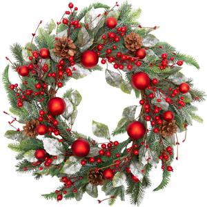 20 Inch Christmas Wreath for Front Door Artificial Winter Wreath for Christmas Decor Xmas Wreath with Christmas Balls Pine Needles Pine Cone for Wall Window Holiday Decorations