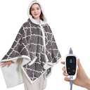 Sealy Wearable Heated Throw Blanket, Flannel & Sherpa Electric Throw Shawl Poncho with Hoodie & Pocket, 6 Heating Levels & 2-10 Hours Auto Shut Off, Machine Washable, 50x60 Inch, Grey