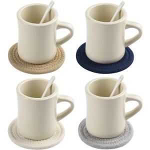 11oz Ceramic Diner Coffee Mug set Stoneware Coffee Cups Set for Restaurant, Diner, Farmhouse, Coffee Shop, Home set of 4 with Coffee spoons and Woven Coasters (Cream)