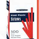 Party Essentials Pack of 300 Disposable Individually Wrapped 10.25 Inches Long Giant Plastic Drinking Straws, Red