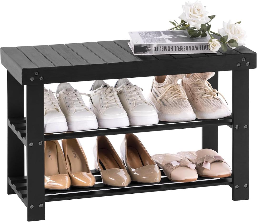 Apicizon Bamboo Shoe Rack for Entryway, 3-Tier Shoe Rack Bench for Front Door Entrance, Small Shoe Organizer with Storage, Black, 27.6 Inches No Cushion