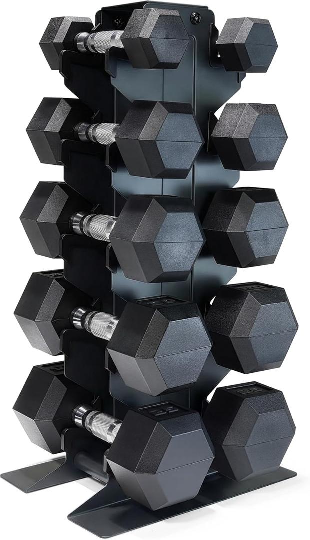 CAP 150 lb Rubber Coated Hex Chrome Handles Dumbbell Set with Vertical Dark Rack