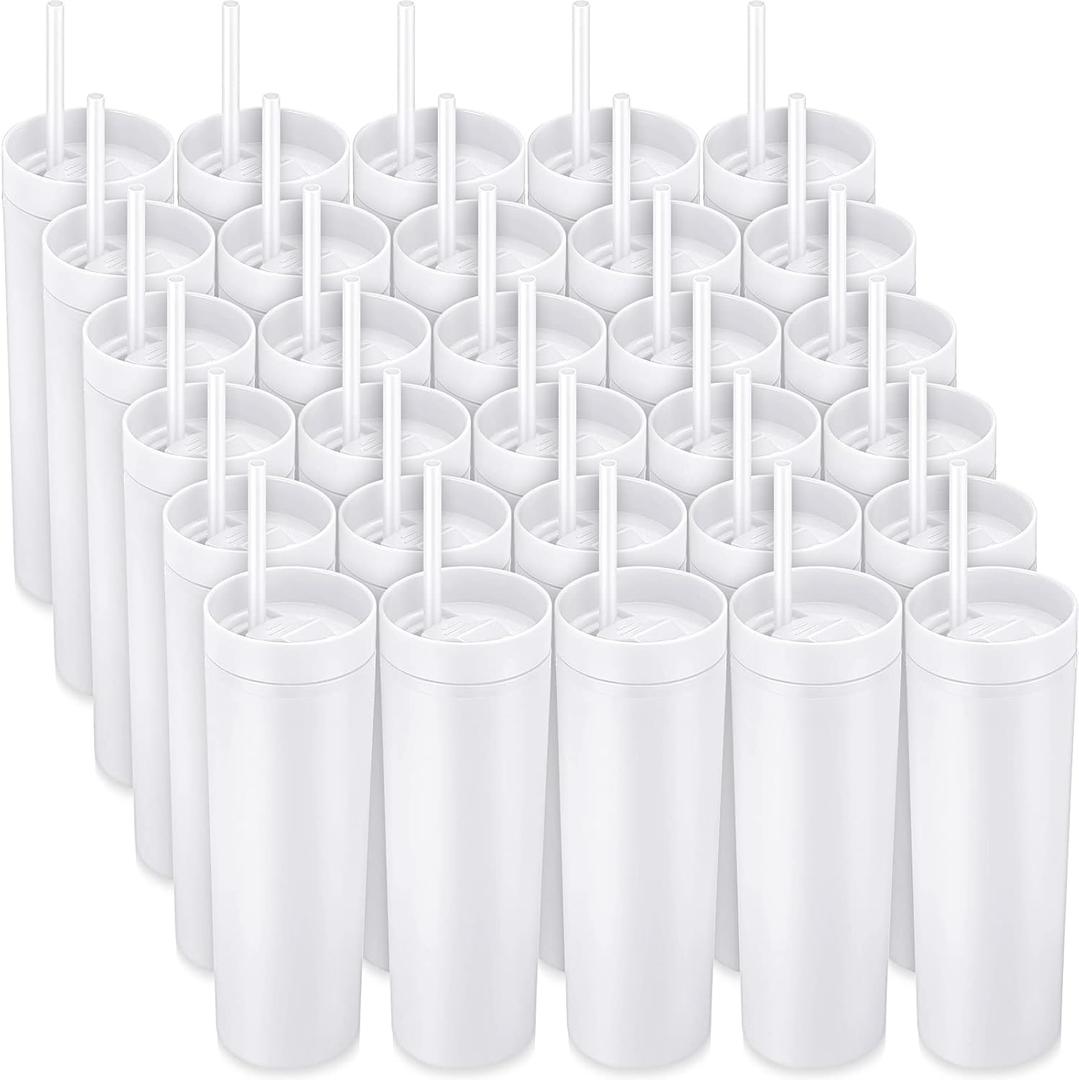 Potchen 30 Pcs 16 oz Skinny Tumblers with Lids and Straws Bulk, White