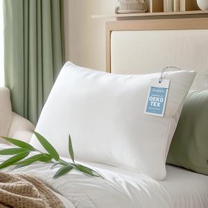 Hypoallergenic Bamboo Viscose Soft Pillow with Down Alternative Filling, Standard/Queen Size, Breathable Luxury Hotel Quality for All Sleeper, Oeko-Tex Certified, Machine Washable (Queen (Pack of 1))