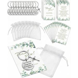 Philippians 4:13 Christian Keychain Gift Set, Metal Scripture Cross Charm, Eucalyptus Thank You Cards, Organza Bags
