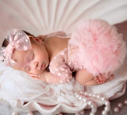 Ylsteed Newborn Girl Photoshoot Outfits Lace Newborn Photography Outfits Girl Photo Props for Newborn Girl Elastic Romper with Headband Baby Elegant Gorgeous Photography Outfit - Dots Pink