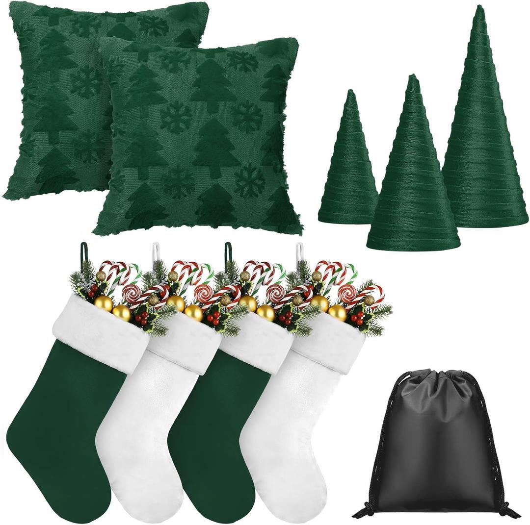 Set of 10 Christmas Velvet Trees Plush Stockings and Faux Fur Pillow Cover Set Mini Cone Tree Ornaments Tabletop Centerpiece with Storage Bag for Party Xmas Home Decoration(Dark Green,White)