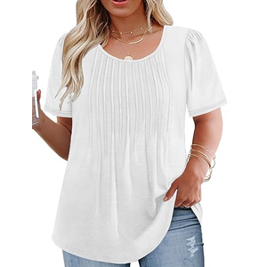 VISLILY Womens-Plus-Size-Summer-Tops Trendy Puff Short Sleeve T Shirts Cute Flowy Pleated Blouses Casual Crewneck Tunics Tee Size 2XL