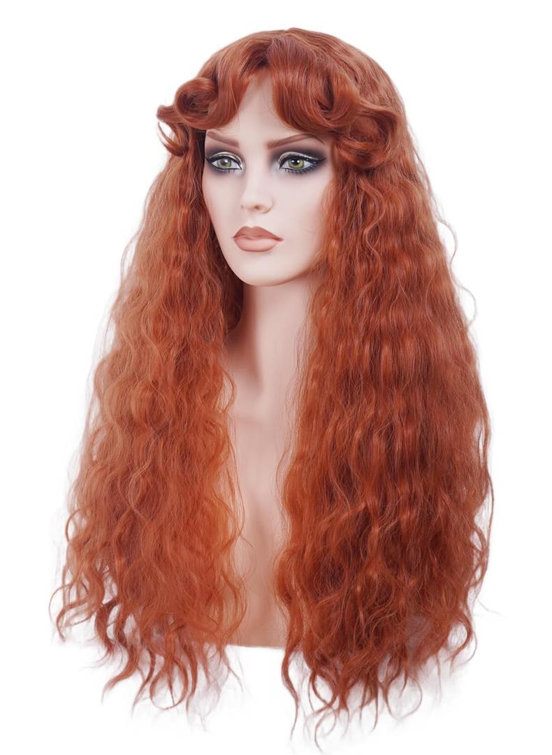 Long Ginger Wig for Women Retro Copper Red Curly Wig with bangs Anburn Vintage Wig for Halloween,Daily Use