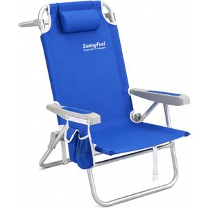 SUNNYFEEL 12.6" High Seat Beach Chair for Adults, High Back 5-Position Lay Flat Reclining Beach Chair with Detachable Cooler Bag, Folding Beach Chair with Cup Holder, Heavy Duty 360 LBS