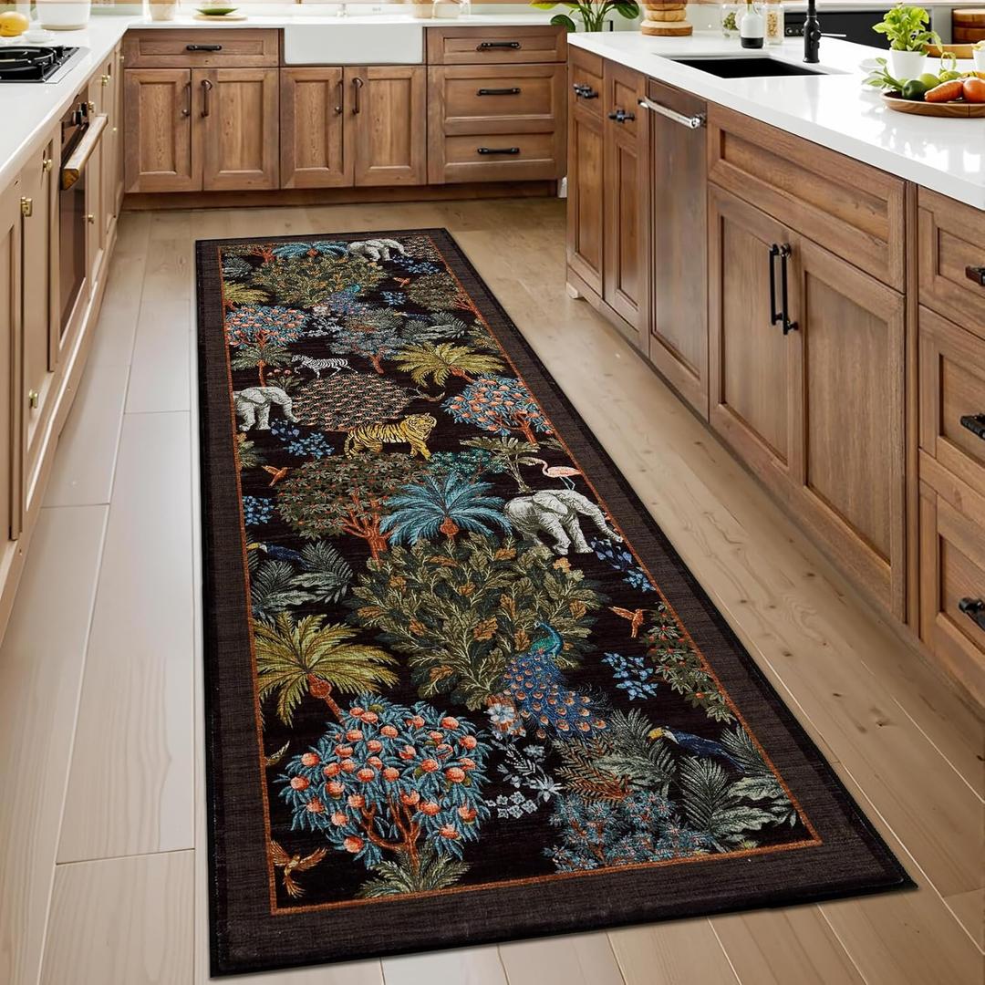 GarveeHome Jungle Rug 2.5x8 Kitchen Runner Rug Non Slip Washable Runners for Hallways, Animal Print Runner Rugs with Rubber Backing Soft Low-Pile Forest Long Carpet for Bedroom Entryway Laundry, Black