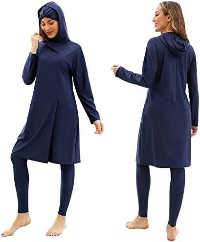 Women Muslim Swimwear Islamic Modest Swimsuit 3 Pieces Full Cover Hijab Long Sleeve Burkini Top Dress + Pants XL