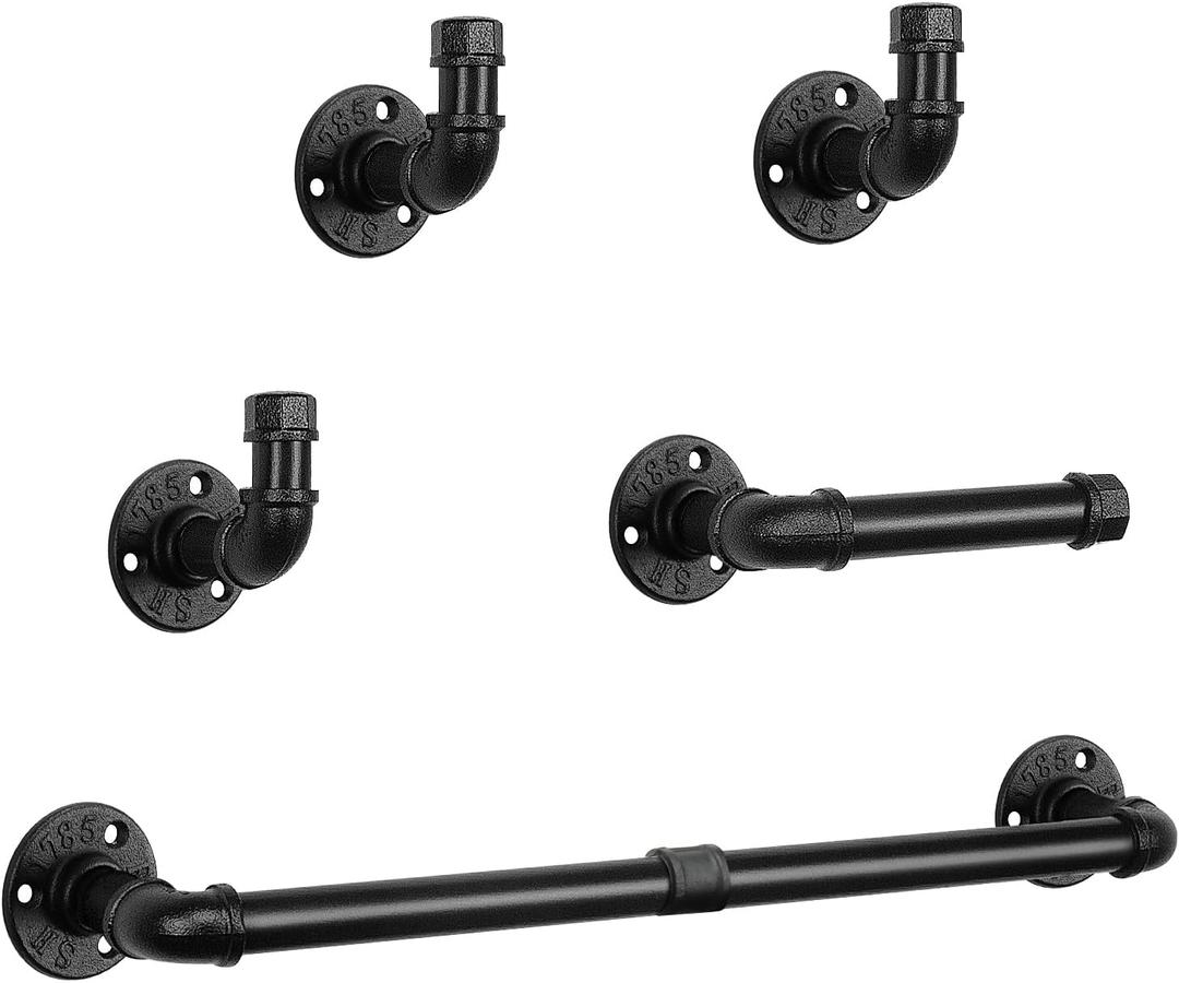 NearMoon 5-Pieces Industrial Pipe Bathroom Hardware Set, Include 18 Inch Towel Bar, Toilet Paper Holder and 3 Robe Hooks, Heavy Duty DIY Style Wall Mounted Rustic Decor Accessories Kit (Black)