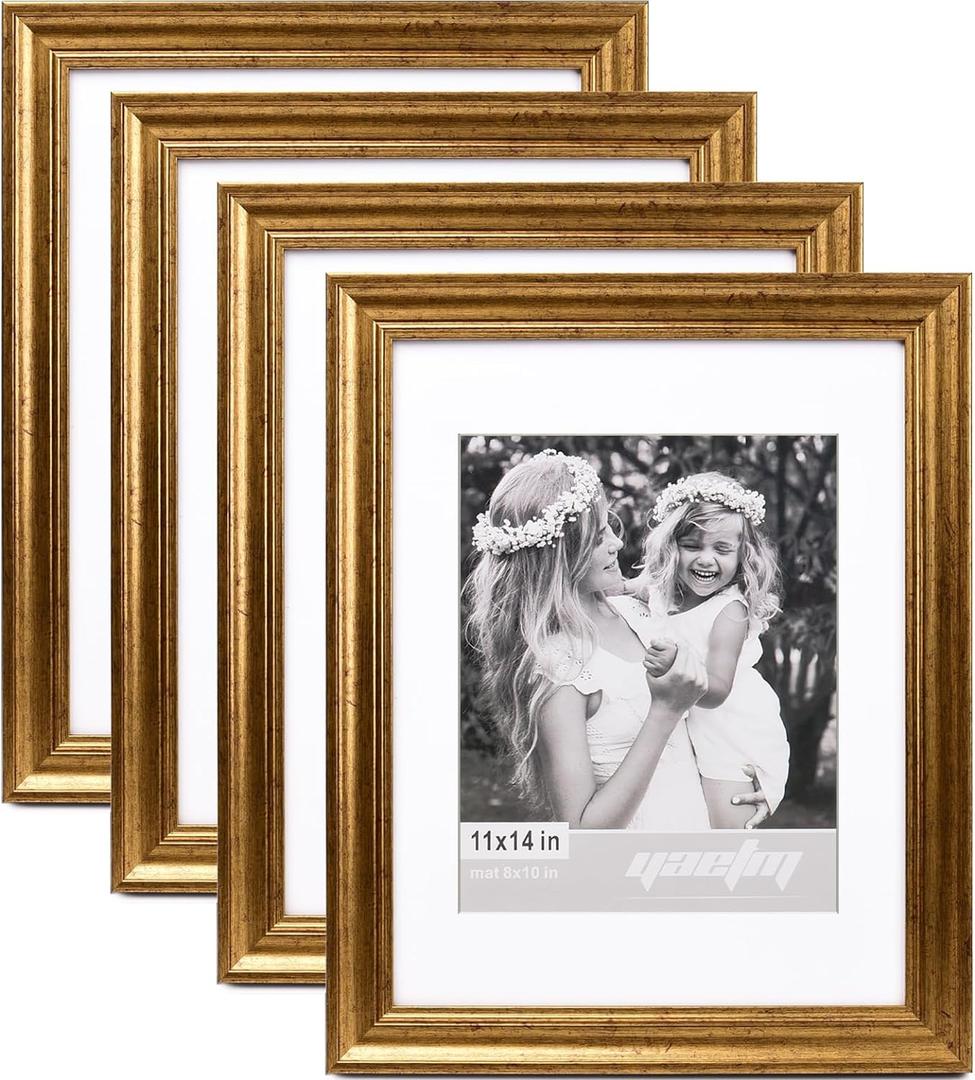 Yaetm 11x14 Gold Picture Frame with Mat for 8x10 Set of 4, 1.4" Wide Molding & Rustic Gold Frame 11 x 14 with Tempered Glass for Wall Gallery, Home and Office, Wall Mount, 4 Pack