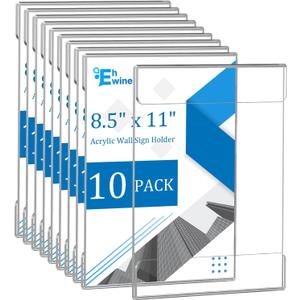 EHWINE 10 Pack 8.5x11 Wall Mount Acrylic Sign Holder, Wall Signs Photo Menu Flyer Display Holders, Plastic Clear Acrylic Frames for Office Home Hotel Business Store (with Adhesive Tape)