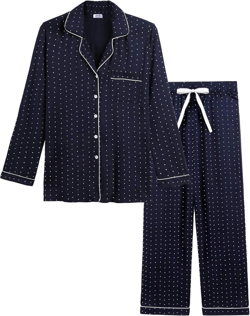 Joyaria Womens Bamboo Viscose Pajama Sets Long Sleeve Button Down Cooling Sleepwear Soft Comfortable Pj Pants Set for Women (Medium, Long-navy Polka Dot)