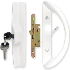 Patio Sliding Door Handle Set with Mortise Lock, Key Cylinder and Face Plate, Full Replacement Handle Lock Set Fits Door Thickness from 1-1/2" to 1-3/4", 3-15/16" Screw Hole Spacing, White