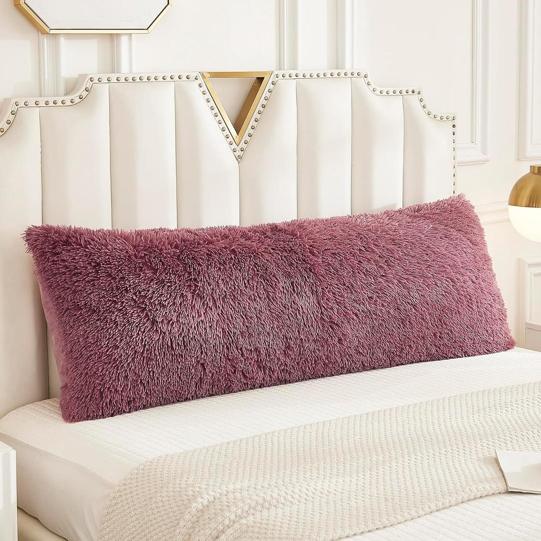 WERDIM Shaggy Fluffy Faux Fur Body Pillow Cover 21"x54" Button Closure Velvet Pillow Shams Throw Body Pillowcase Long Decorative Bed Pillow Case(Dusty Rose, 21 X 54 Inches)