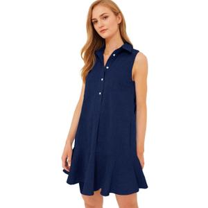 Women's Sleeveless Shirt Dress Summer Collared Button Down Ruffle Hem Tank Mini Dress (Medium, Navy)