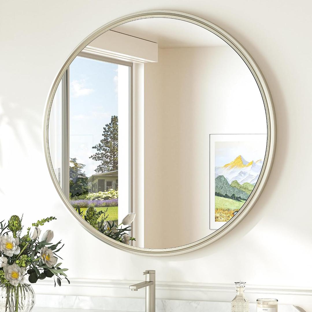 TokeShimi 24 Inch Circle Bathroom Mirror Brushed Nickel, Tempered Round Wall Mirror, Shatterproof 24x24 Hanging Wall Mirrored Farmhouse for Bedroom, Entryway, Restroom, Vanity, Living Room