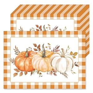 KOPOOEOE 100 Pcs Fall Pumpkin Paper Placemats, 16x11 Inch Orange Disposable Table Mats Rustic Dinner Mats for Autumn Harvest Thanksgiving Party Supplies Table Decor- Orange White Checkered