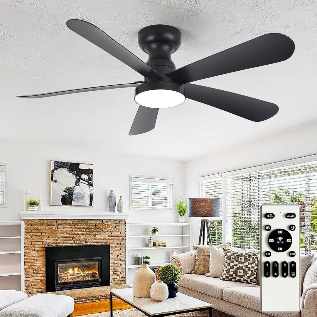 Depuley Black Ceiling Fan with Lights: 42-Inch Flush Mount Fan with Light and Remote - Low Profile Ceiling Fans Reversible Quiet DC Motor for Bedroom Living Room Indoor Outdoor