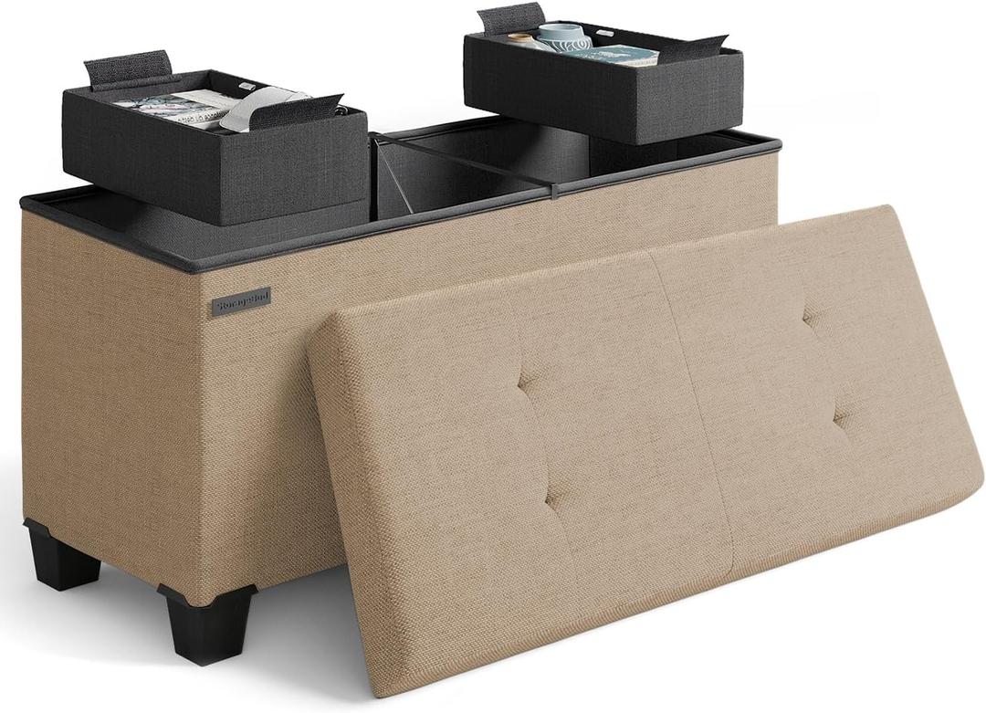 Storage Ottoman Bench with Bins, 30-in Storage Bench for Bedroom End of Bed, Folding Foot Rest Ottoman for Living Room Max 660lbs, Fabric Ottomans, Taupe