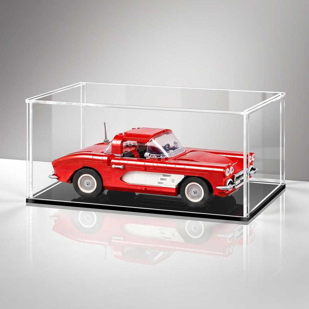 LASOA 14x10x6 in Acrylic Display Case, 2.0mm Thick Dustproof Display Box with Glossy Black Base & LED Light, UV-Resistant Showcase for Action Figures and Collectibles