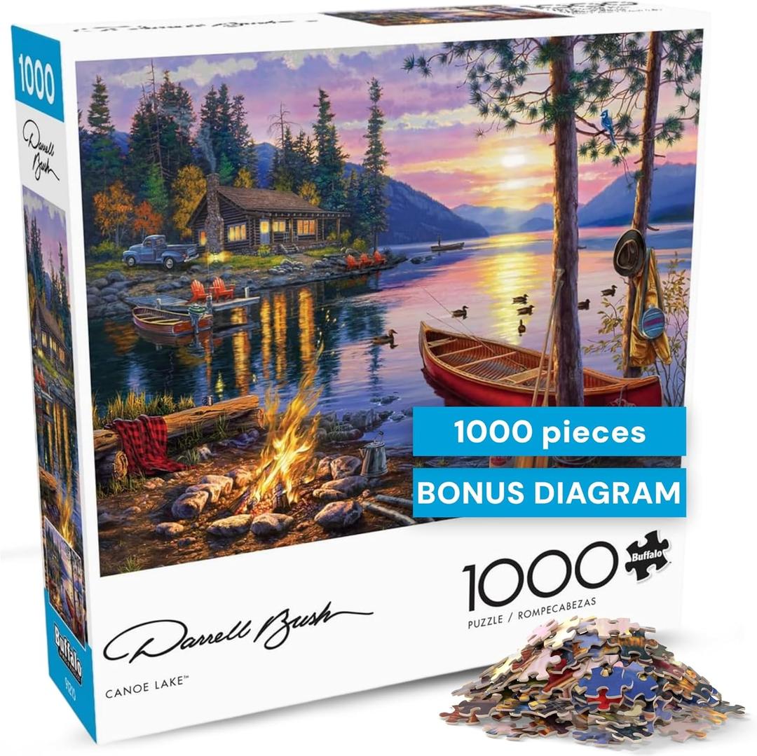 Buffalo Games - Canoe Lake 1000 Piece Puzzle for Adults - Jigsaw Puzzles  Darrell Bush Cabin Sunset Artwork with Poster  Challenging Outdoor Nature Scene
