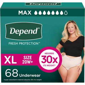 Depend Fresh Protection Adult Diapers, Incontinence & Postpartum Bladder Leak Underwear for Women, Disposable, Maximum, Extra-Large, Blush, 68 Count (2 Packs of 34)
